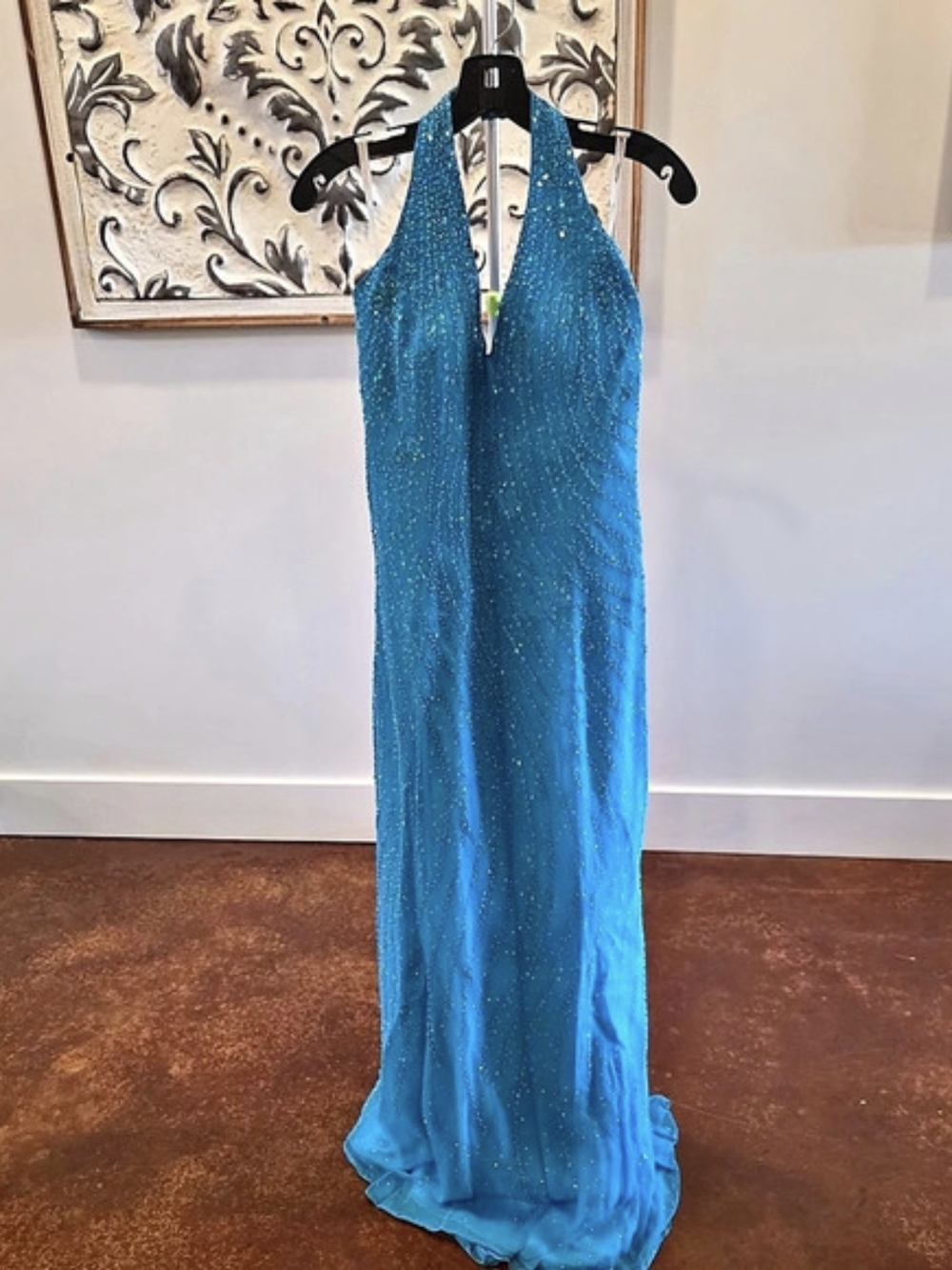Studio 17 (Size 16) Turquoise Blue Beaded Sequin Halter Prom Formal Gown